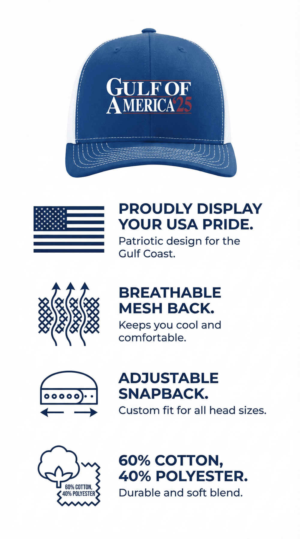 Gulf of America Mens Political Trump 2025 Mesh Back Trucker Hat - Royal/White - Gulf of America®
