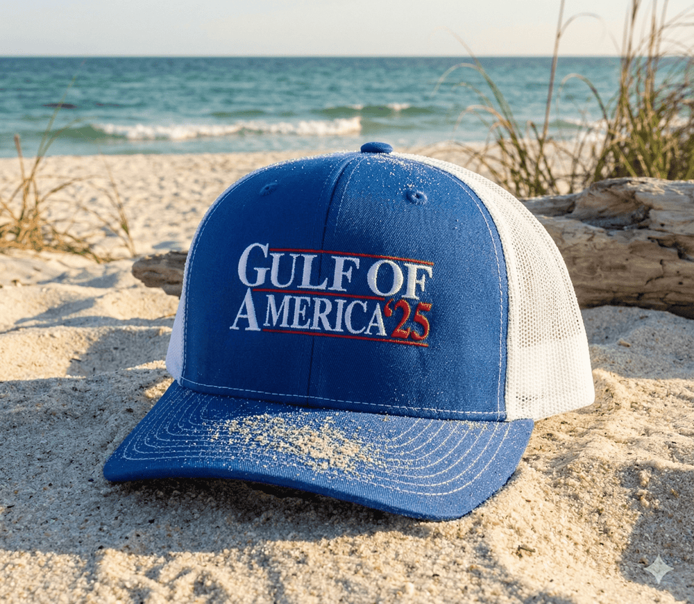 Gulf of America Mens Political Trump 2025 Mesh Back Trucker Hat - Royal/White - Gulf of America®