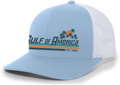 Gulf of America Sunset Palm Trees Mens Embroidered Mesh Back Trucker Hat - Gulf of America®