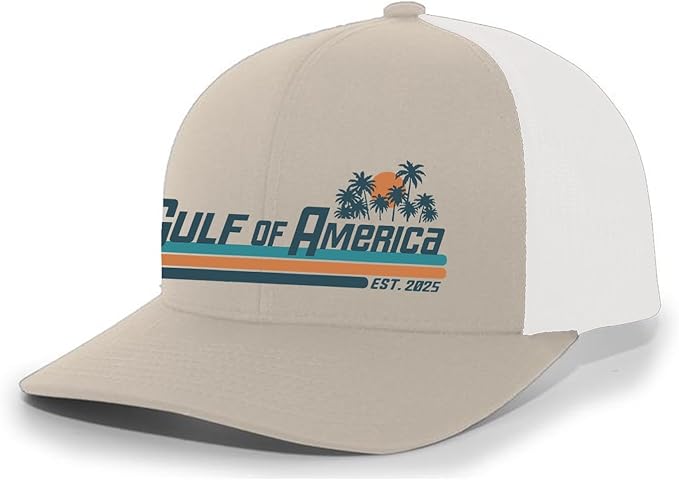 Gulf of America Sunset Palm Trees Mens Embroidered Mesh Back Trucker Hat - Gulf of America®