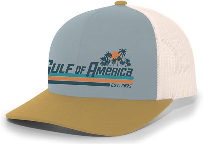 Gulf of America Sunset Palm Trees Mens Embroidered Mesh Back Trucker Hat - Gulf of America®