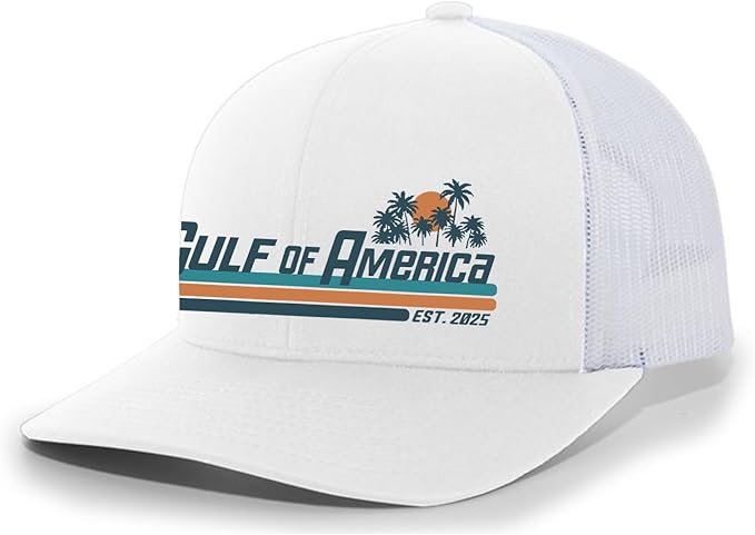 Gulf of America Sunset Palm Trees Mens Embroidered Mesh Back Trucker Hat - Gulf of America®